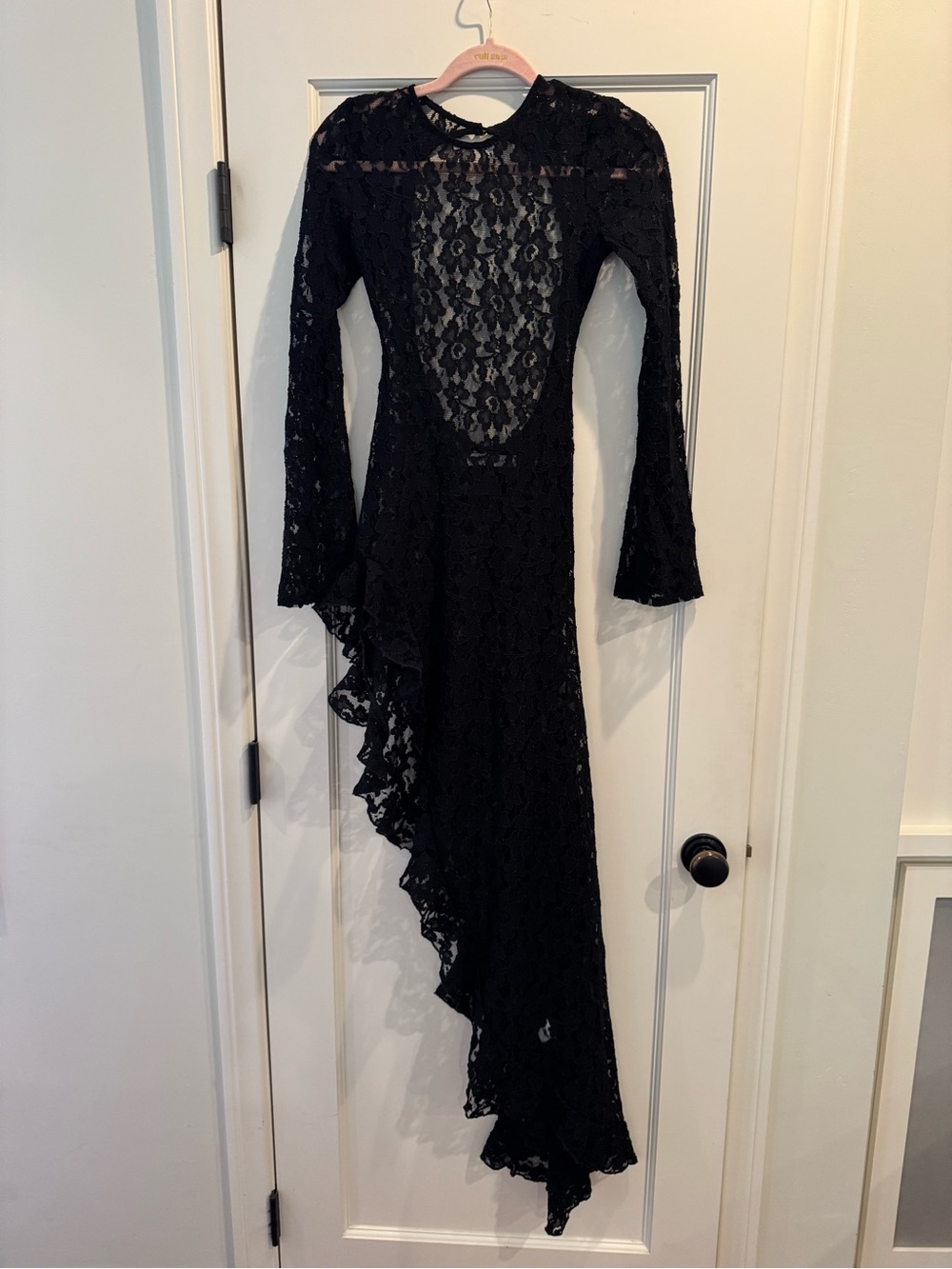 Black Lace Long-Sleeve Ruffle Hem Dress